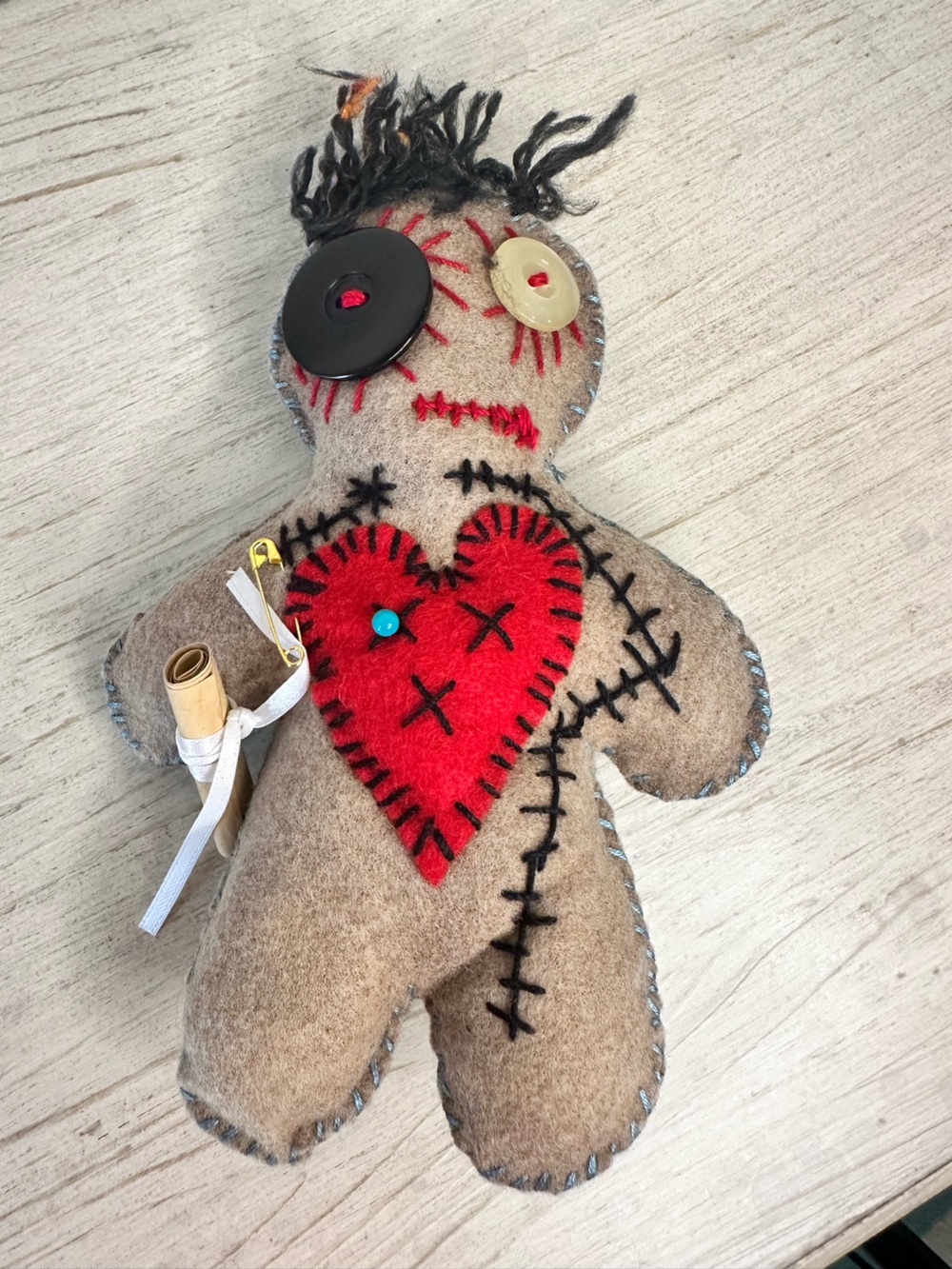 Handmade Felt Voodoo Doll with Red Heart Accent